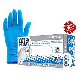 One Plus Mavi Nitril Muayene Eldiveni M Beden - ONE PLUS