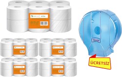 PROFCAN MİNİ JUMBO TUVALET KAĞIDI 4KG / 98MT *12 RULO (5 KOLİ) + PALEX STANDART JUMBO TUVALET KAĞIDI DİSPENSERİ ŞEFFAF-MAVİ (1 ADET) - 1